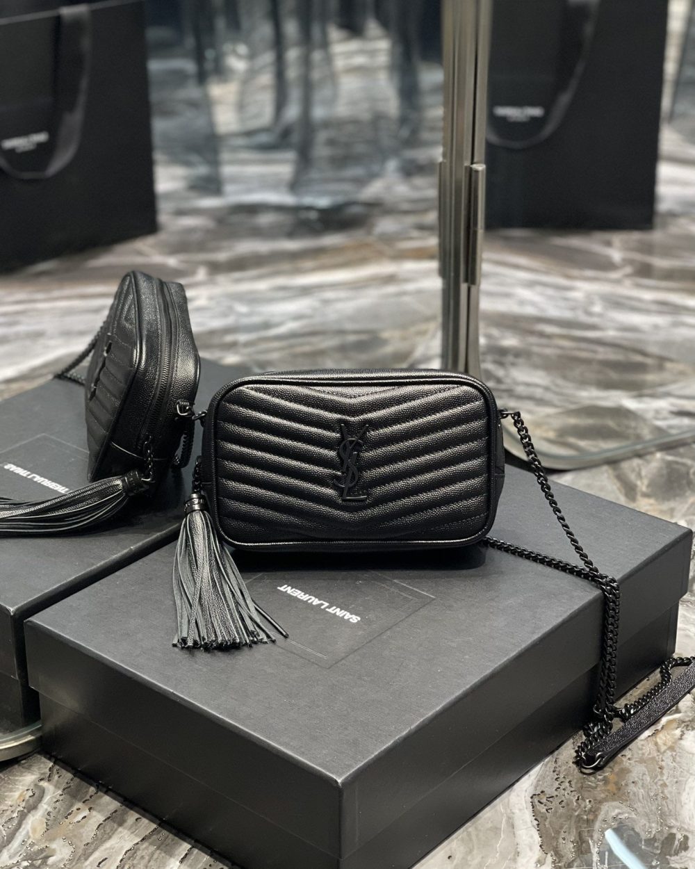[REP 1:1] Saint Laurent Lou Mini Bag Black In Quilted Grain De Poudre With Metal Toned Hardware For Women 7.4in/19cm YSl 6125791GF081000