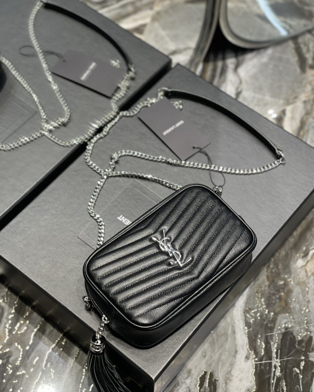 [REP 1:1] Saint Laurent Lou Mini Bag Black In Quilted Grain De Poudre With Silver Toned Hardware For Women 7.4in/19cm YSl 6125791GF021000