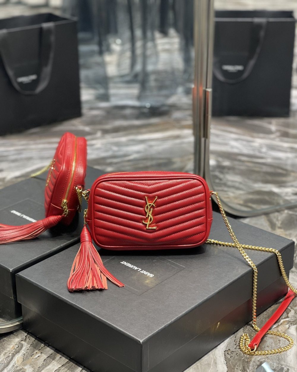 [REP 1:1] Saint Laurent Lou Mini Bag Red In Quilted Grain De Poudre With Gold Hardware For Women 7.4in/19cm YSl 6125791GF076008