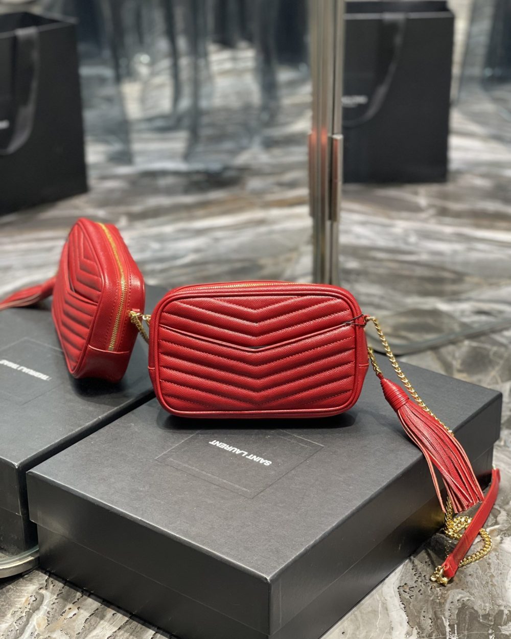 [REP 1:1] Saint Laurent Lou Mini Bag Red In Quilted Grain De Poudre With Gold Hardware For Women 7.4in/19cm YSl 6125791GF076008