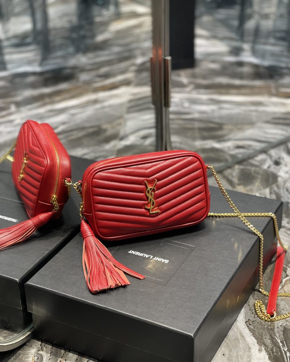 [REP 1:1] Saint Laurent Lou Mini Bag Red In Quilted Grain De Poudre With Gold Hardware For Women 7.4in/19cm YSl 6125791GF076008
