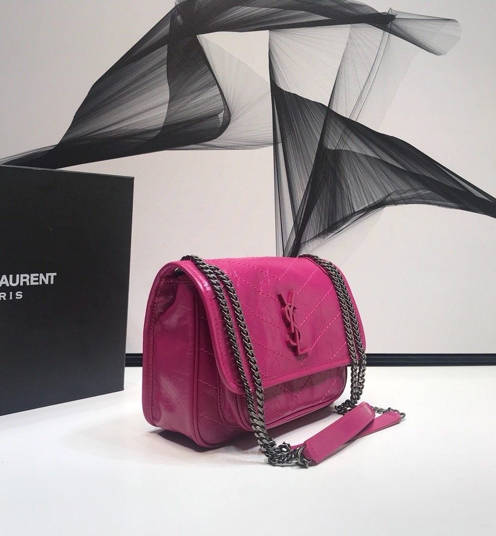 [REP 1:1] Saint Laurent Niki Baby Chain Bag In Crinkled Vintage Dark Pink For Women 8.2in/21cm YSL