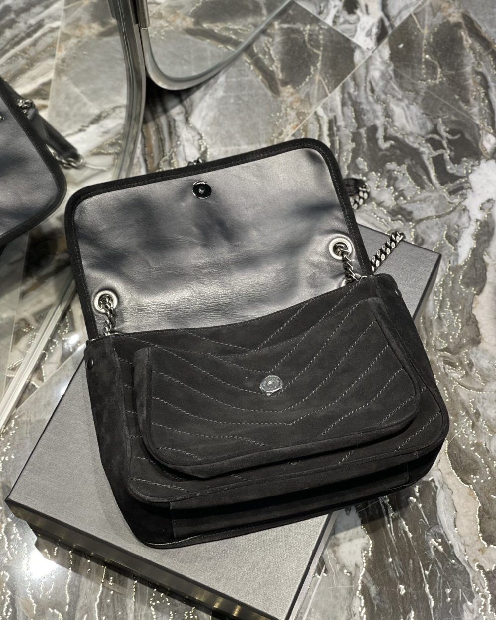 [REP 1:1] Saint Laurent Niki Medium Chain Bag Black In Crinkled With Metal Hardware For Women 11in/28cm YSL