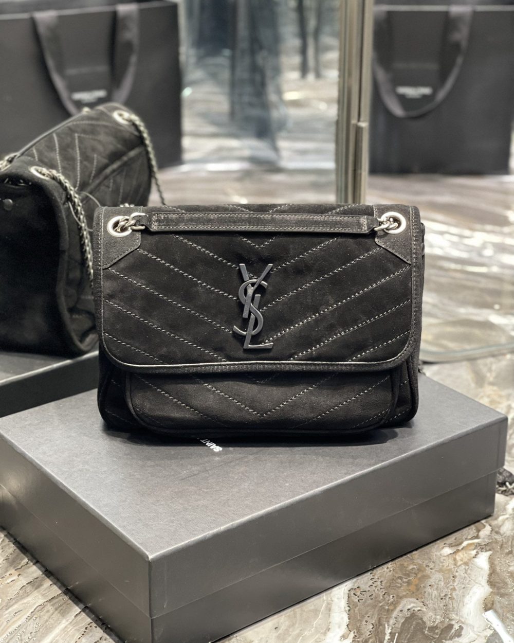 [REP 1:1] Saint Laurent Niki Medium Chain Bag Black In Crinkled With Metal Hardware For Women 11in/28cm YSL