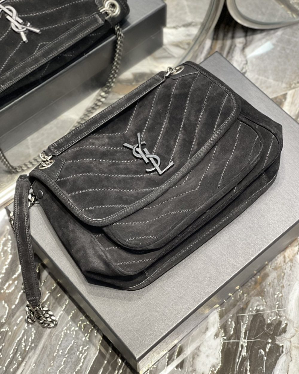 [REP 1:1] Saint Laurent Niki Medium Chain Bag Black In Crinkled With Metal Hardware For Women 11in/28cm YSL