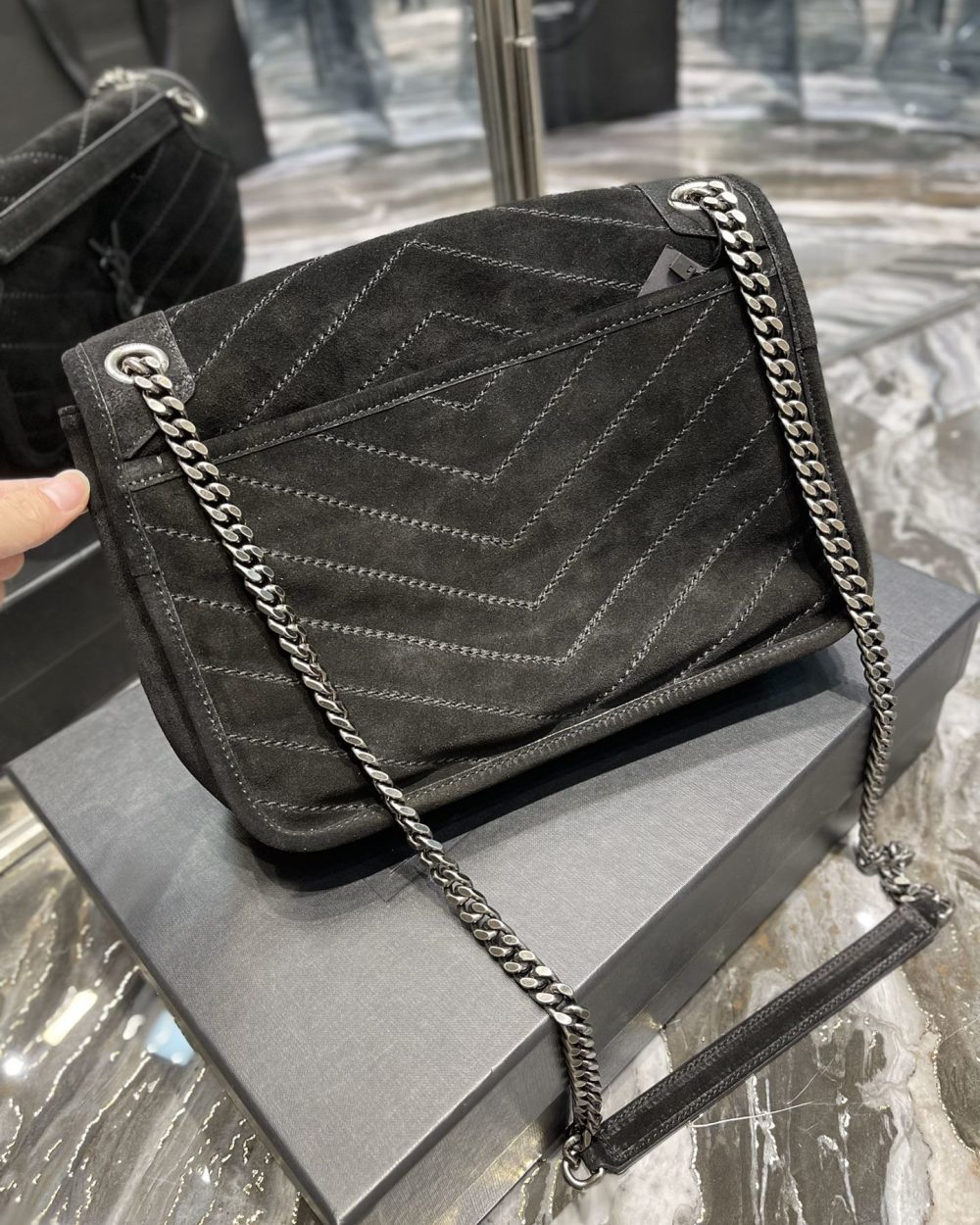 [REP 1:1] Saint Laurent Niki Medium Chain Bag Black In Crinkled With Metal Hardware For Women 11in/28cm YSL