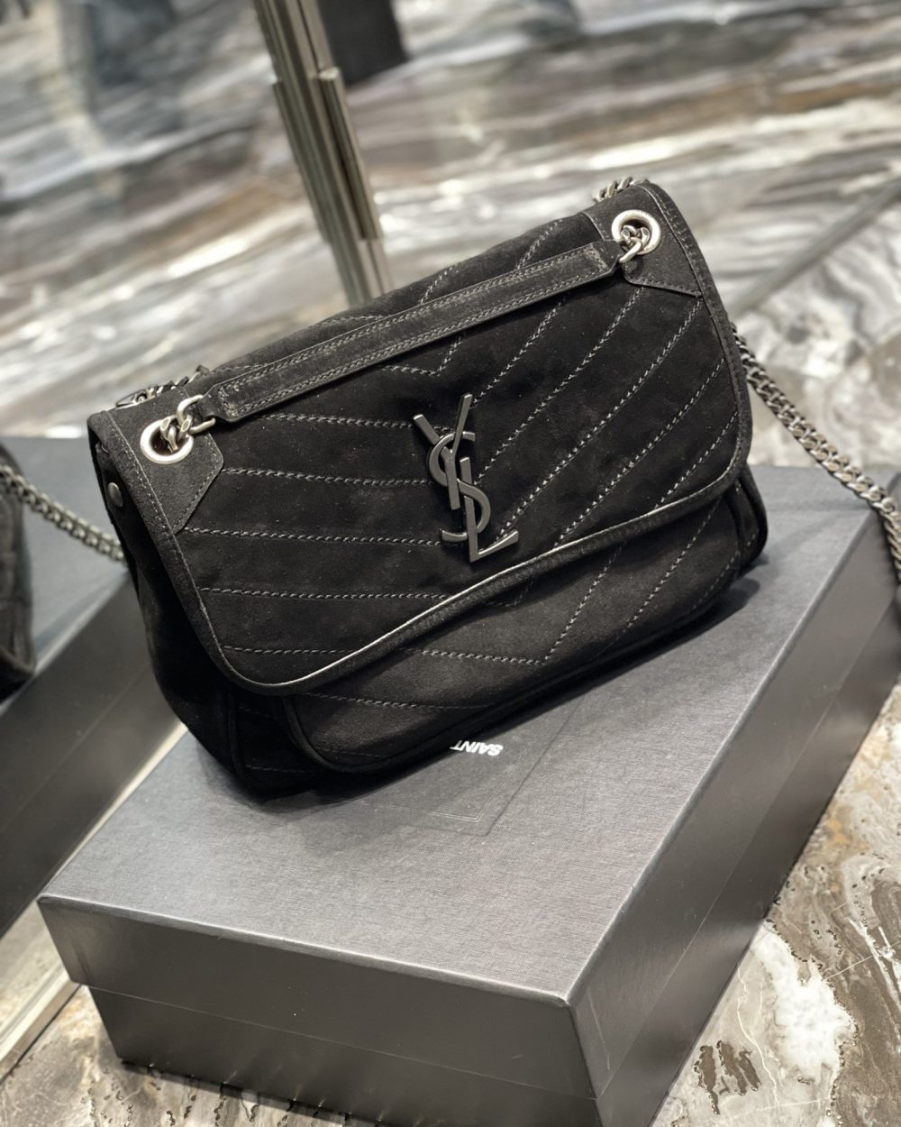 [REP 1:1] Saint Laurent Niki Medium Chain Bag Black In Crinkled With Metal Hardware For Women 11in/28cm YSL