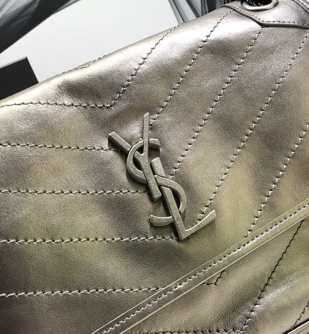 [REP 1:1] Saint Laurent Niki Medium Chain Bag In Crinkled Vintage Silver For Women 11in/28cm YSL