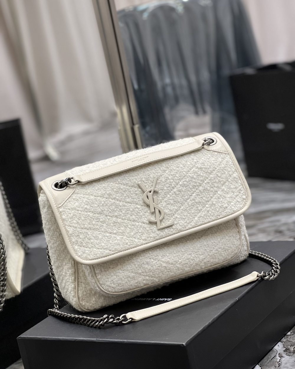 [REP 1:1] Saint Laurent Niki Medium Chain Bag White For Women, Women's Bags 11in/28cm YSL