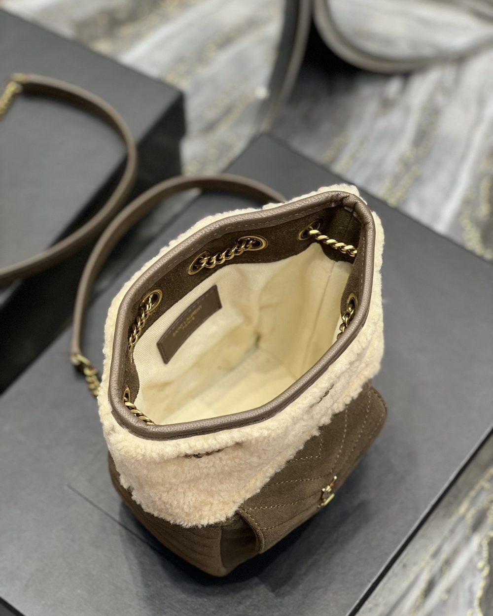 [REP 1:1] Saint Laurent Oe Mini Bucket Chevrons Brown For Women, Women's Bags 7.5in/19cm YSL‎ 70163129XA79587