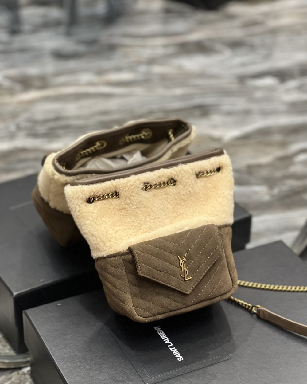 [REP 1:1] Saint Laurent Oe Mini Bucket Chevrons Brown For Women, Women's Bags 7.5in/19cm YSL‎ 70163129XA79587