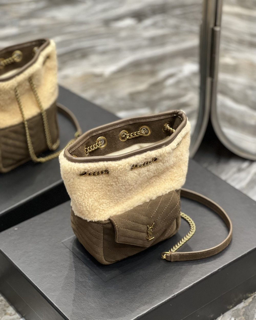 [REP 1:1] Saint Laurent Oe Mini Bucket Chevrons Brown For Women, Women's Bags 7.5in/19cm YSL‎ 70163129XA79587