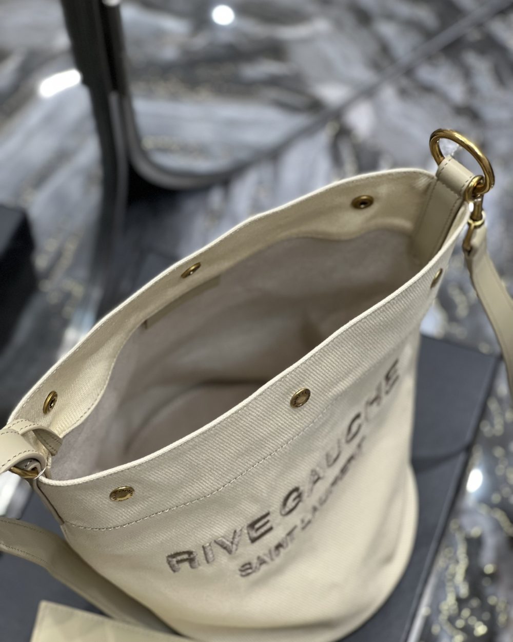 [REP 1:1] Saint Laurent Rive Gauche Bucket Bag Beige For Women, Women's Bags 12.2in/31cm YSL