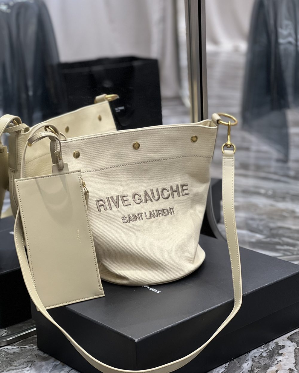 [REP 1:1] Saint Laurent Rive Gauche Bucket Bag Beige For Women, Women's Bags 12.2in/31cm YSL