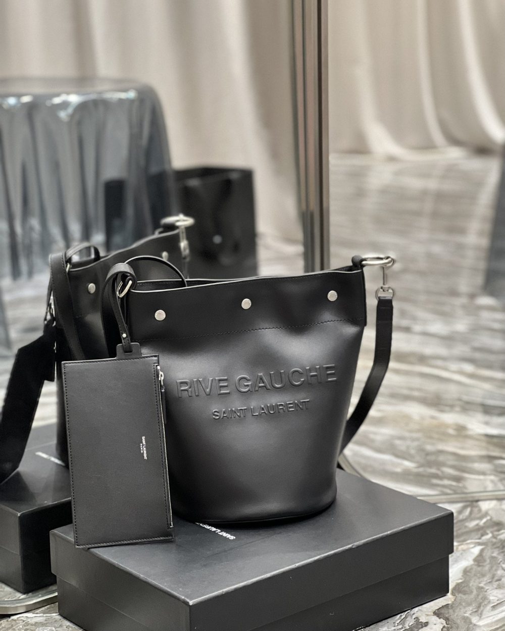 [REP 1:1] Saint Laurent Rive Gauche Bucket Bag Black For Women, Women's Bags 11.4in/29cm YSL