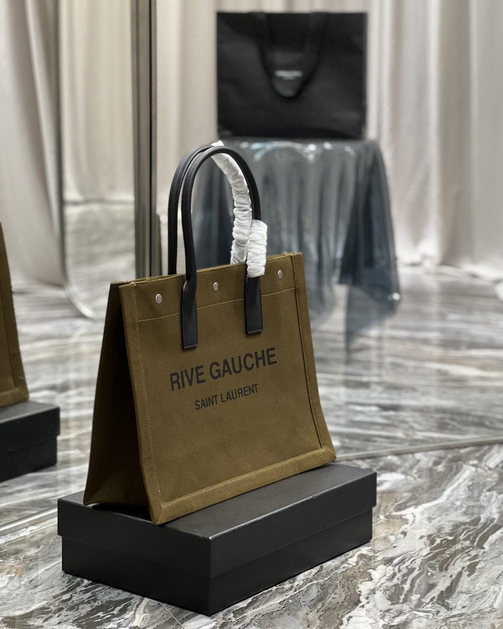 [REP 1:1] Saint Laurent Rive Gauche Small Tote Bag In Linen Khaki Brown For Women 15.4in/39cm YSL