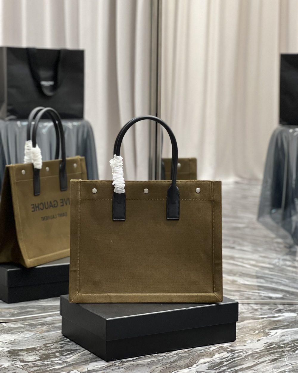 [REP 1:1] Saint Laurent Rive Gauche Small Tote Bag In Linen Khaki Brown For Women 15.4in/39cm YSL