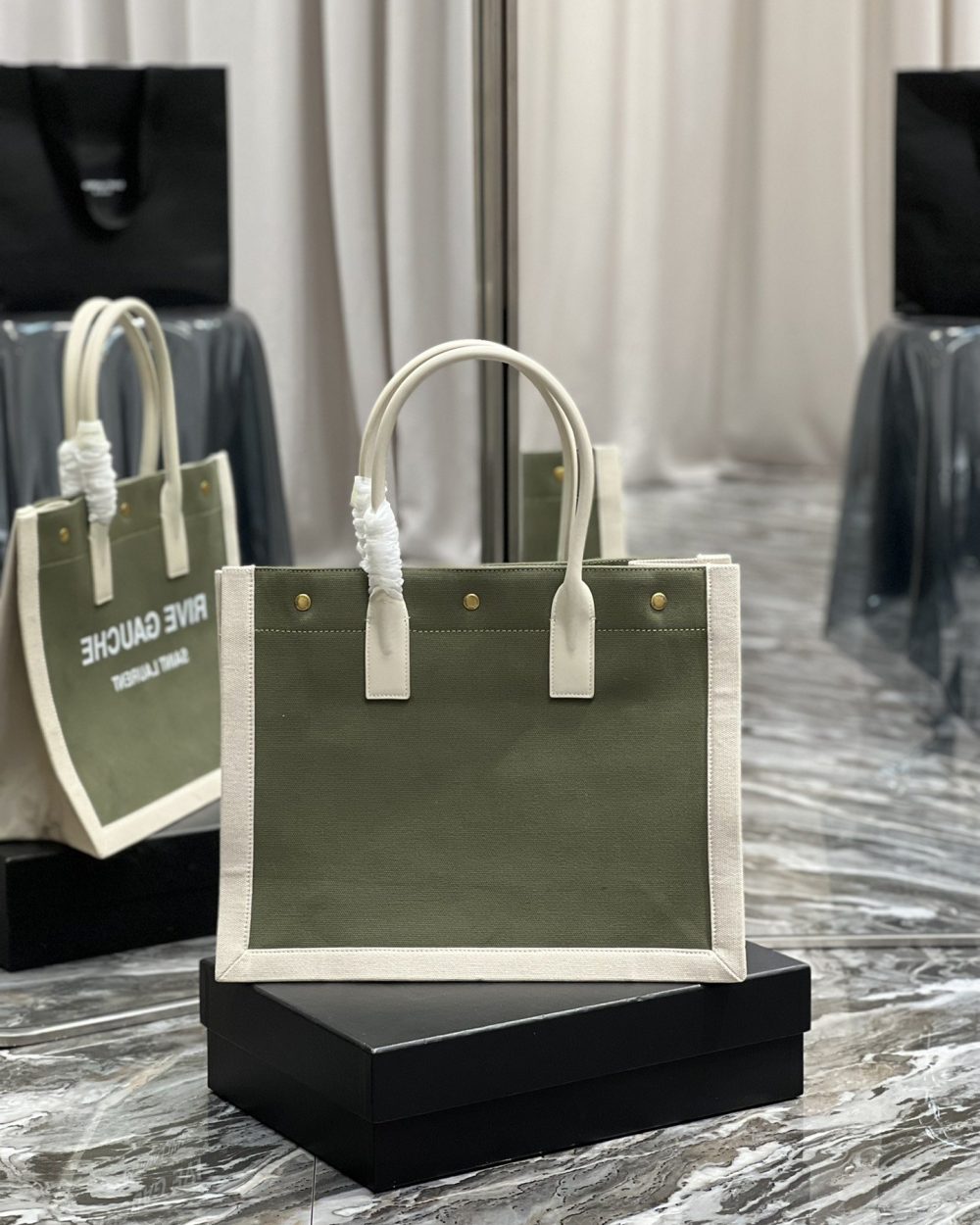 [REP 1:1] Saint Laurent Rive Gauche Small Tote Bag In Linen Military Green For Women 15.4in/39cm YSL 617481FAADI3281