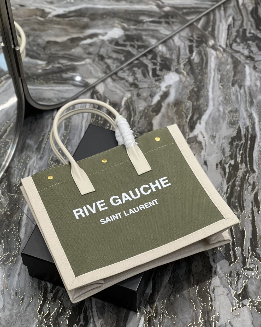[REP 1:1] Saint Laurent Rive Gauche Small Tote Bag In Linen Military Green For Women 15.4in/39cm YSL 617481FAADI3281