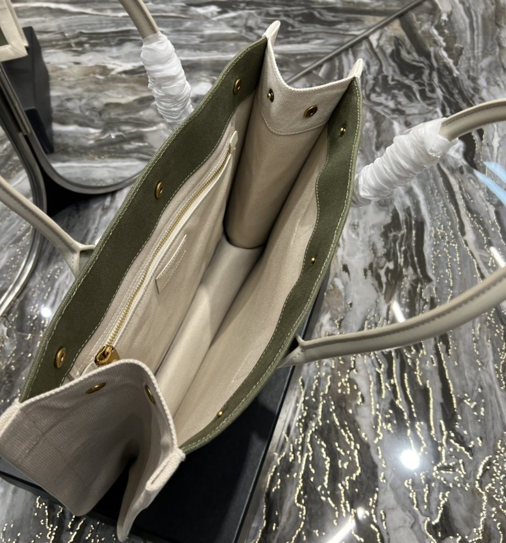 [REP 1:1] Saint Laurent Rive Gauche Small Tote Bag In Linen Military Green For Women 15.4in/39cm YSL 617481FAADI3281