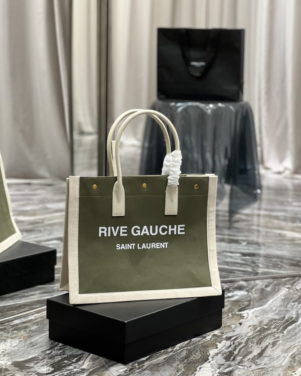 [REP 1:1] Saint Laurent Rive Gauche Small Tote Bag In Linen Military Green For Women 15.4in/39cm YSL 617481FAADI3281