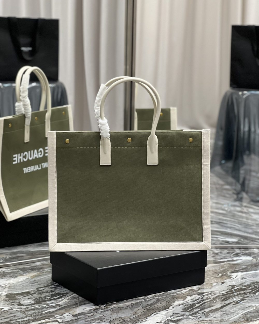 [REP 1:1] Saint Laurent Rive Gauche Tote Bag In Military Green For Women 18.9in/48cm YSL