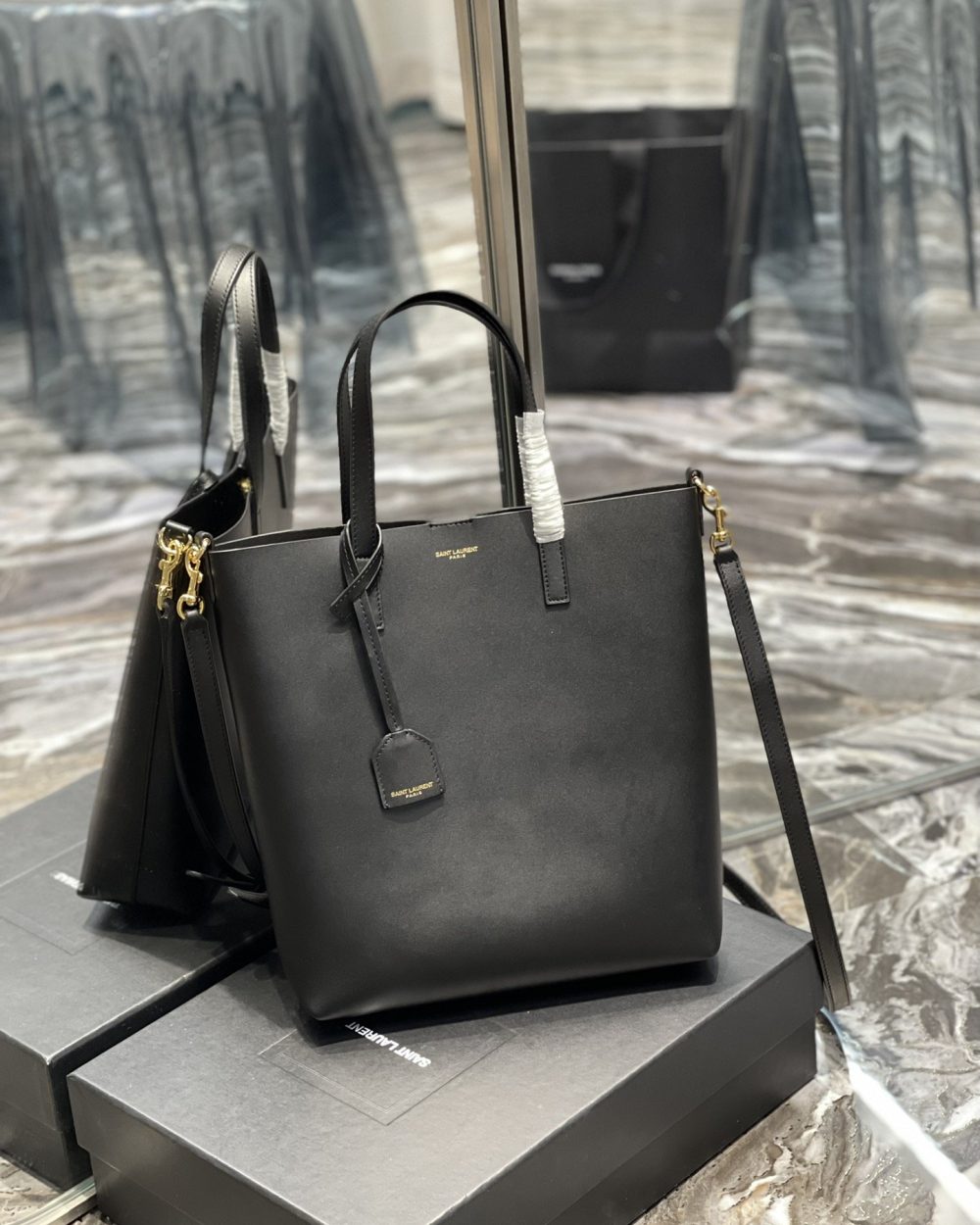 [REP 1:1] Saint Laurent Shopping Bag Black Toy In Supple For Women 11in/28cm YSL 600307CSV0J1000