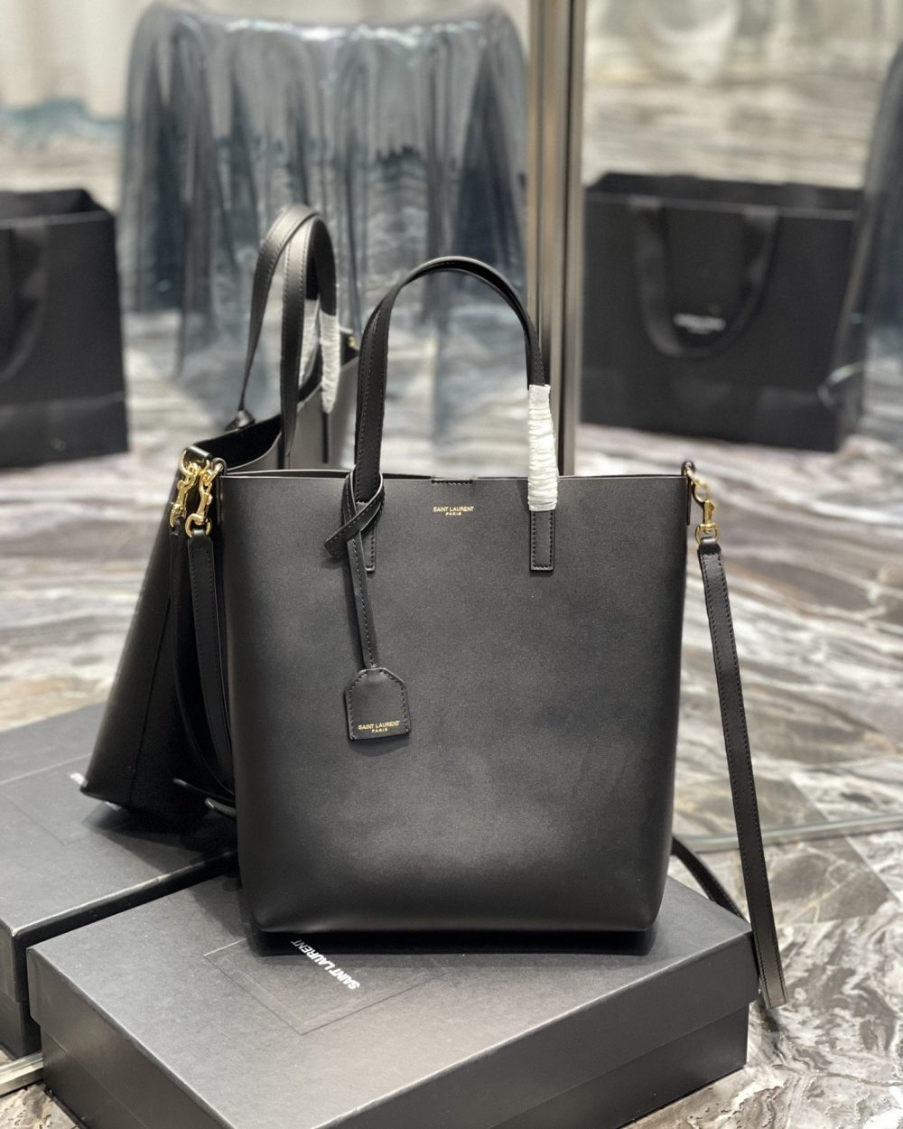 [REP 1:1] Saint Laurent Shopping Bag Black Toy In Supple For Women 11in/28cm YSL 600307CSV0J1000