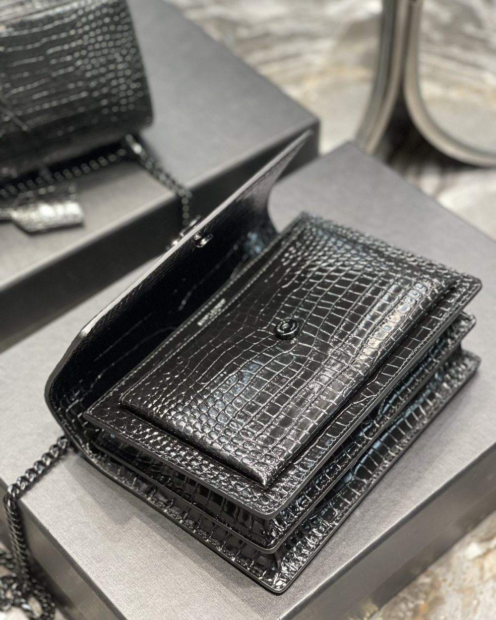 [REP 1:1] Saint Laurent Sunset Medium Chain Bag Black For Women 8.6in/22cm YSL 442906DND0U1000