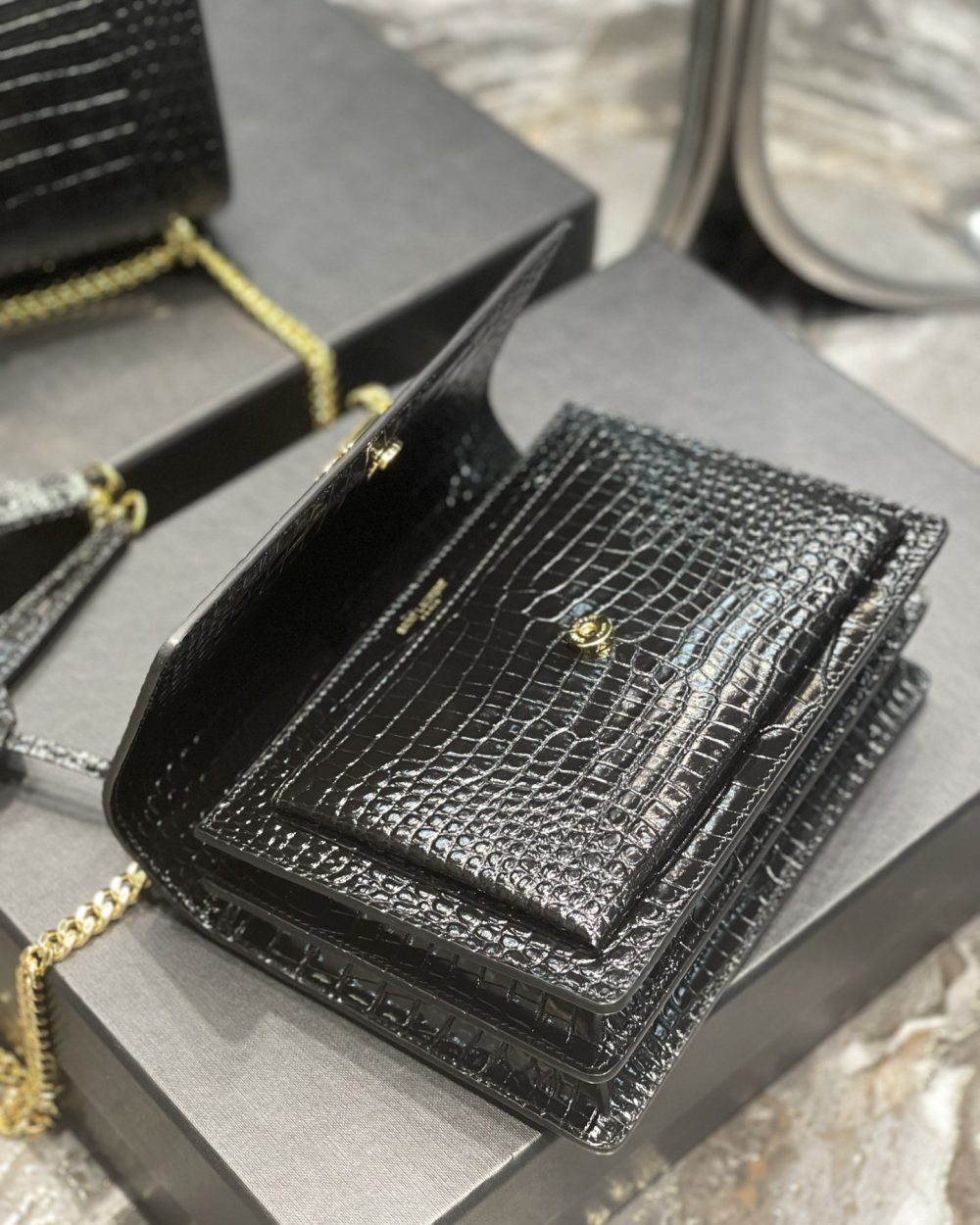 [REP 1:1] Saint Laurent Sunset Medium Chain Bag For Women 8.6in/22cm Black YSL 442906DND0J1000