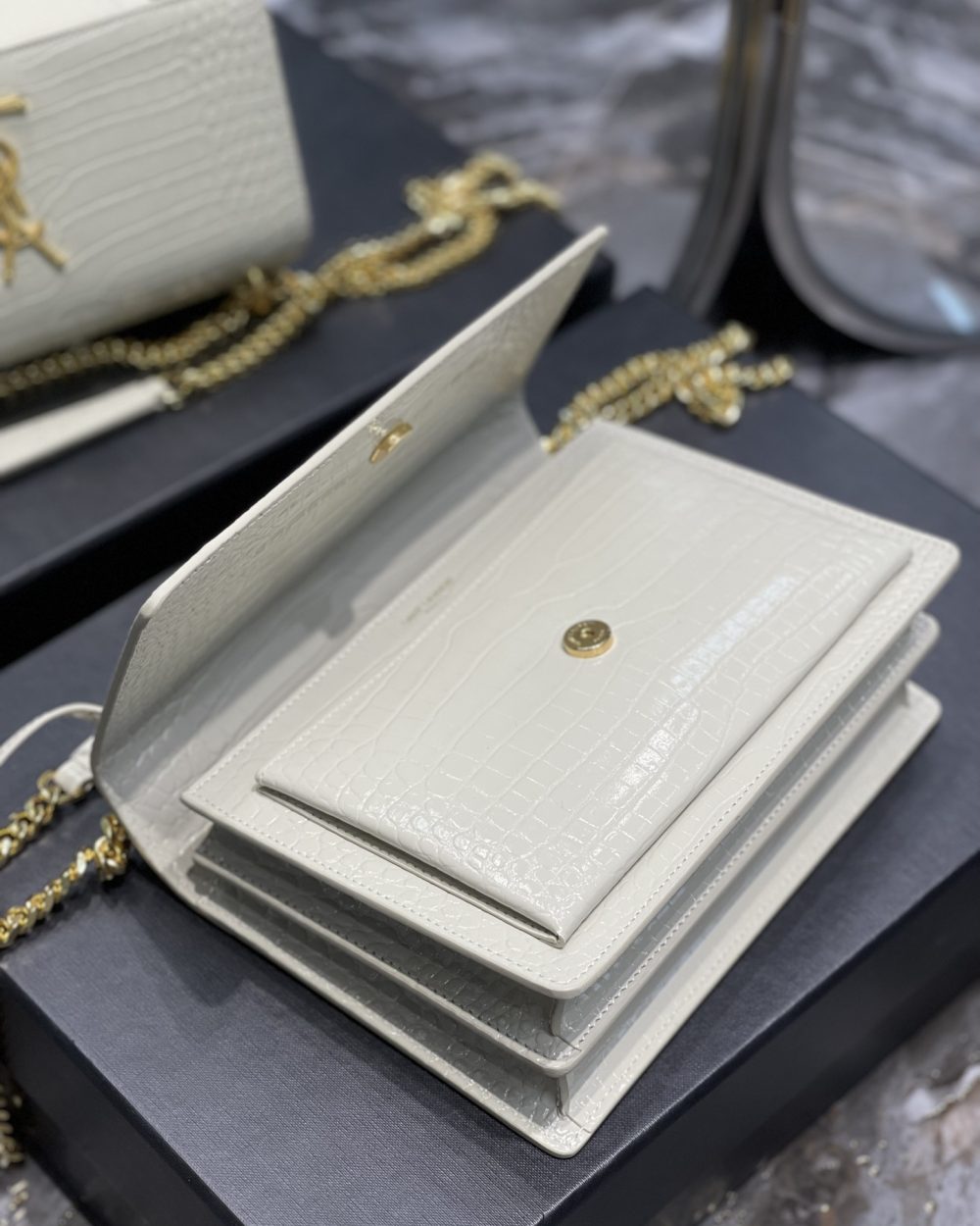 [REP 1:1] Saint Laurent Sunset Medium Chain Bag For Women 8.6in/22cm White YSL 442906DND0J9207