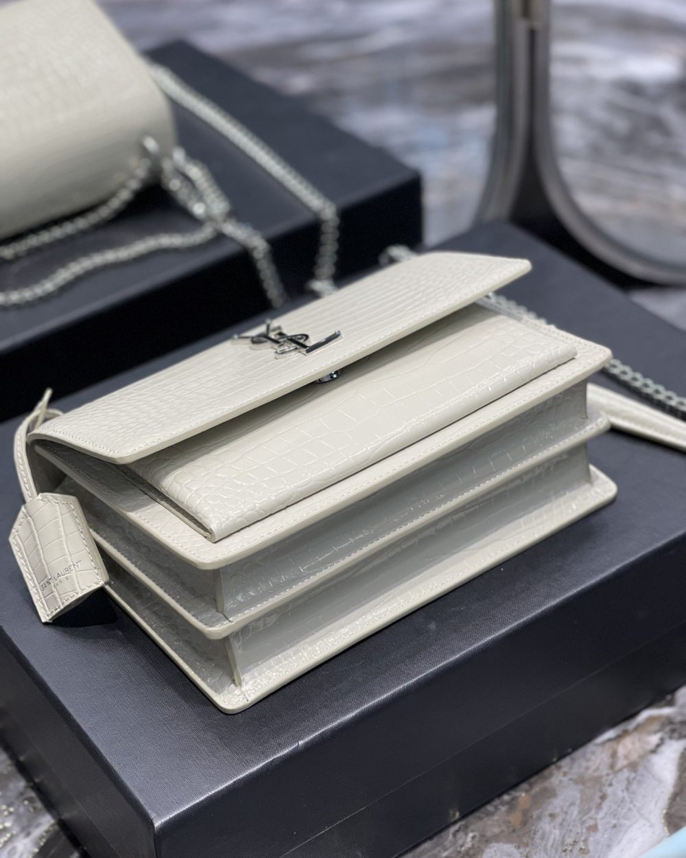 [REP 1:1] Saint Laurent Sunset Medium Chain Bag For Women 8.6in/22cm White YSL 442906DND0N9207