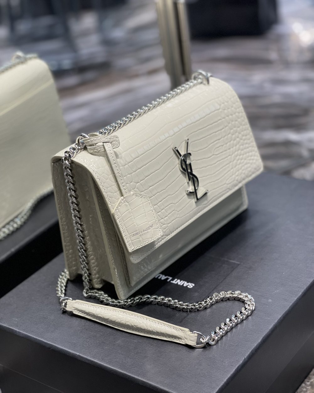 [REP 1:1] Saint Laurent Sunset Medium Chain Bag For Women 8.6in/22cm White YSL 442906DND0N9207