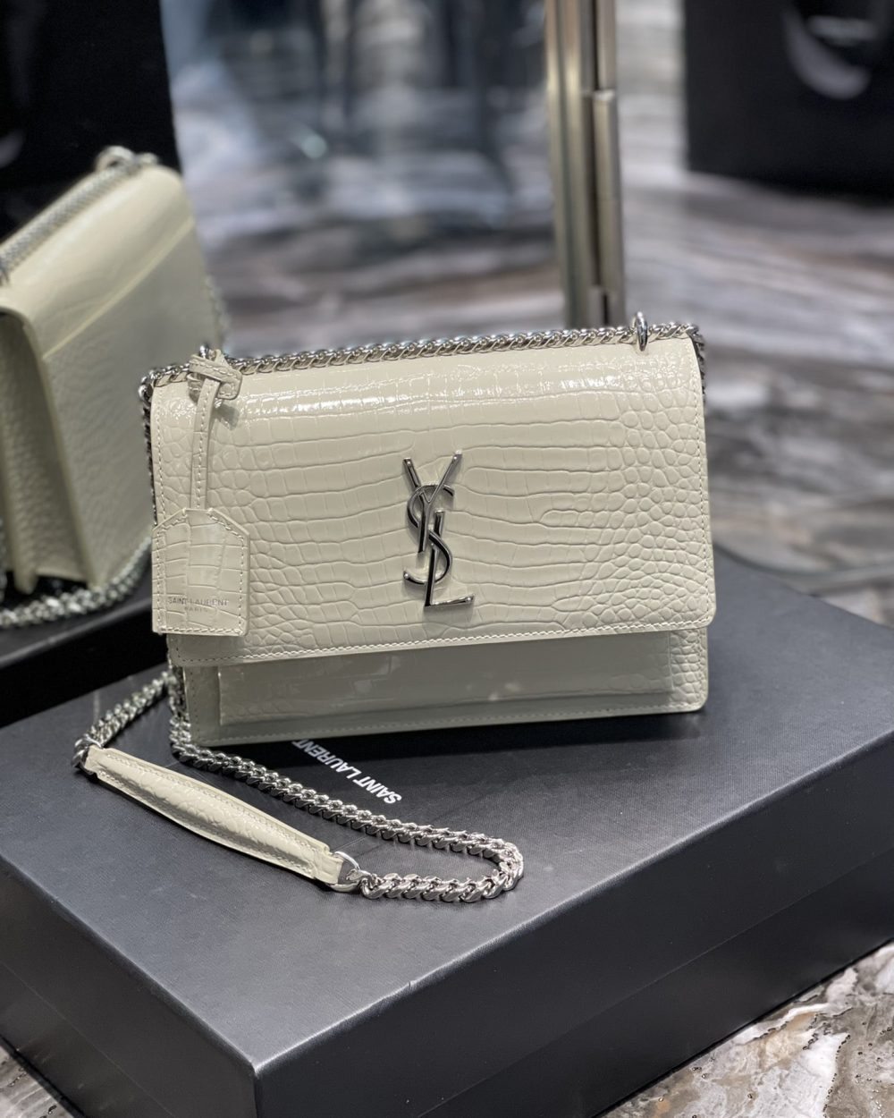 [REP 1:1] Saint Laurent Sunset Medium Chain Bag For Women 8.6in/22cm White YSL 442906DND0N9207
