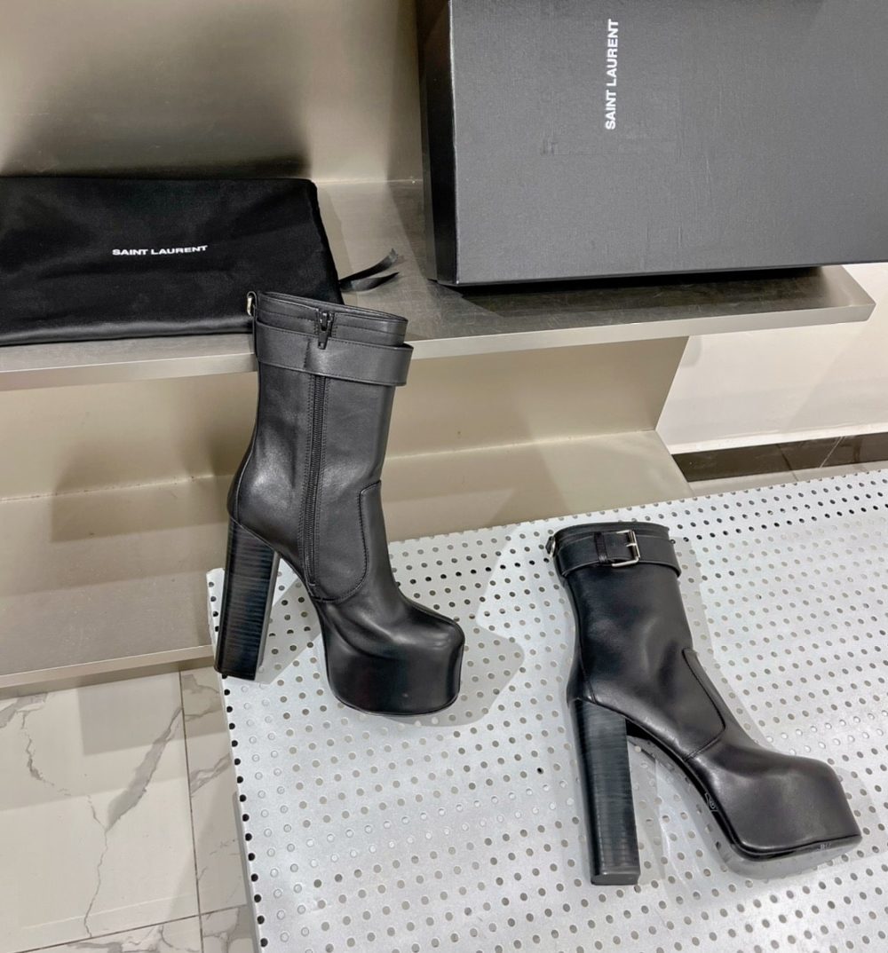 Saint Laurent Women's Cherry Buckle Platform Booties Black For Women YSL 6876621Y8001000