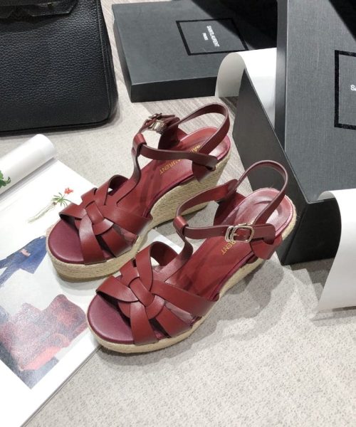 Saint Laurent Women's Tribute Espadrilles Wedge Reddish-Brown For Women YSL