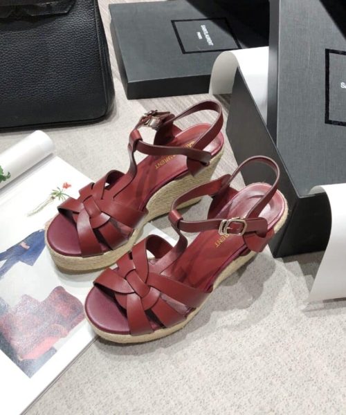 Saint Laurent Women's Tribute Espadrilles Wedge Reddish-Brown For Women YSL