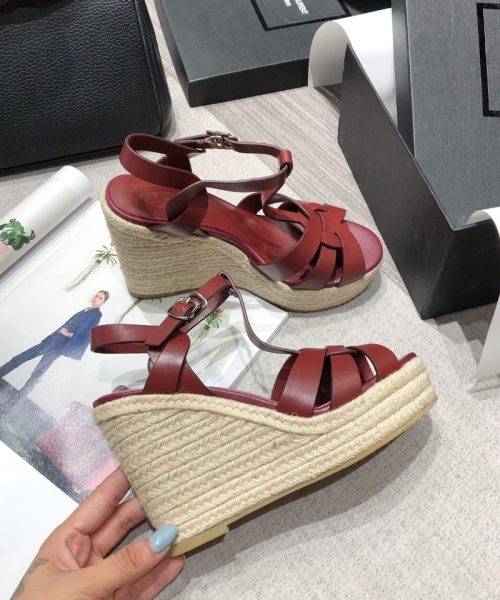 Saint Laurent Women's Tribute Espadrilles Wedge Reddish-Brown For Women YSL