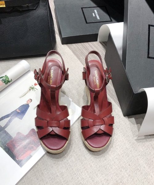 Saint Laurent Women's Tribute Espadrilles Wedge Reddish-Brown For Women YSL