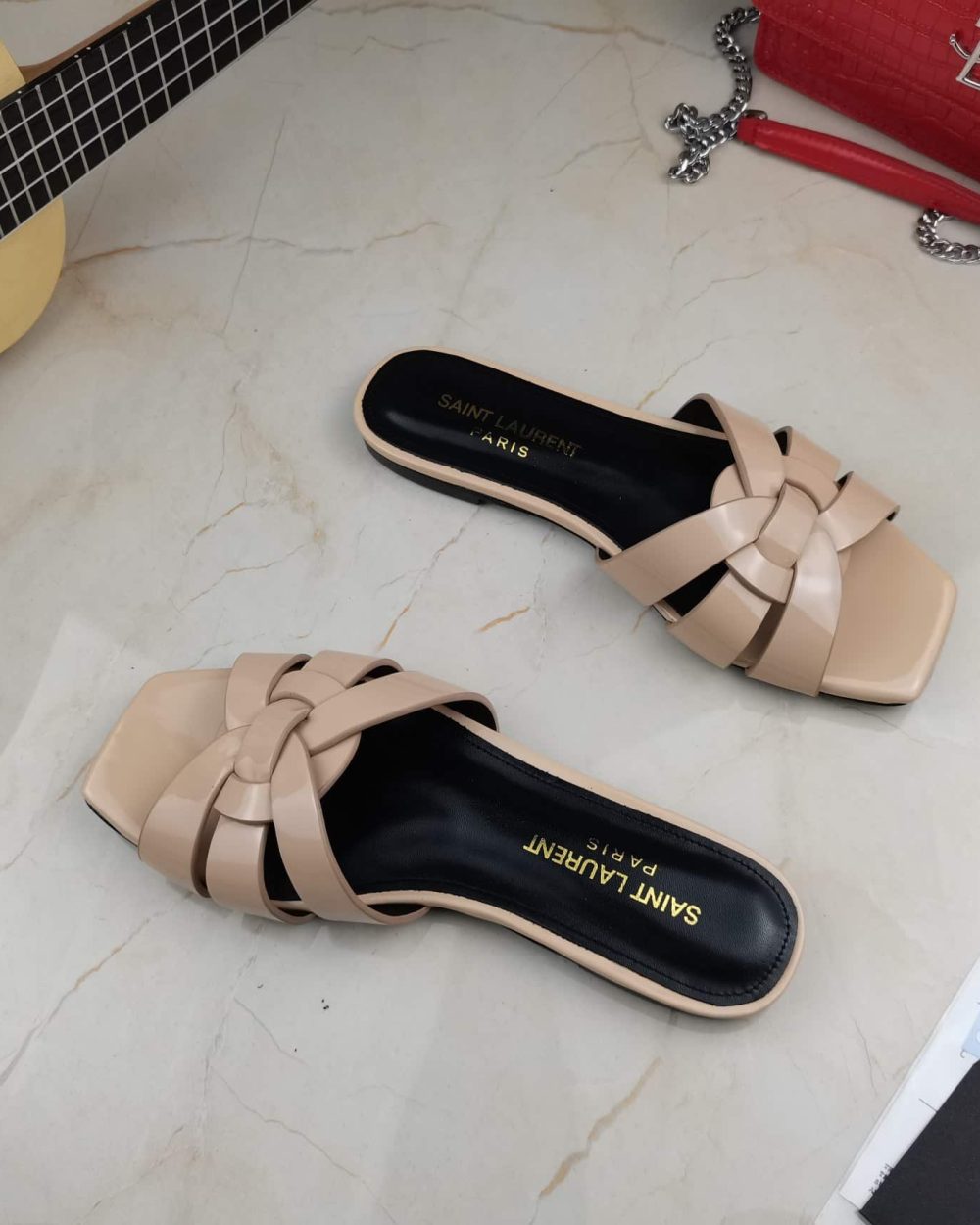 Saint Laurent Women's Tribute Flat Mules Beige For Women YSL 571952B8I009935