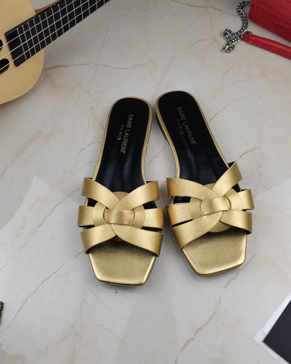 Saint Laurent Women's Tribute Flat Mules Gold For Women YSL