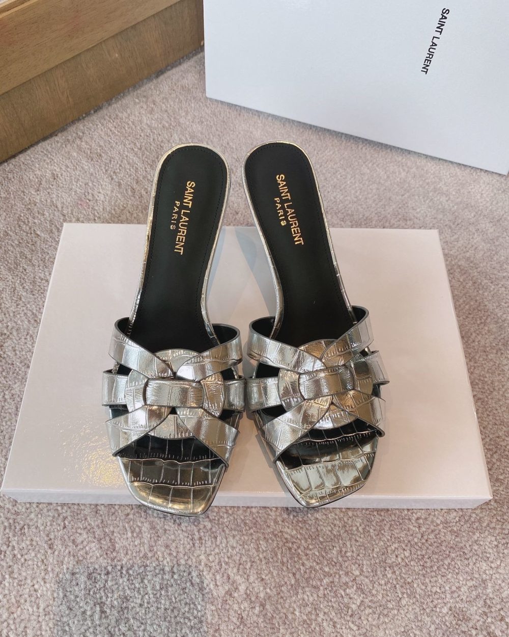 Saint Laurent Women's Tribute Heeled Mules Sliver For Women YSL