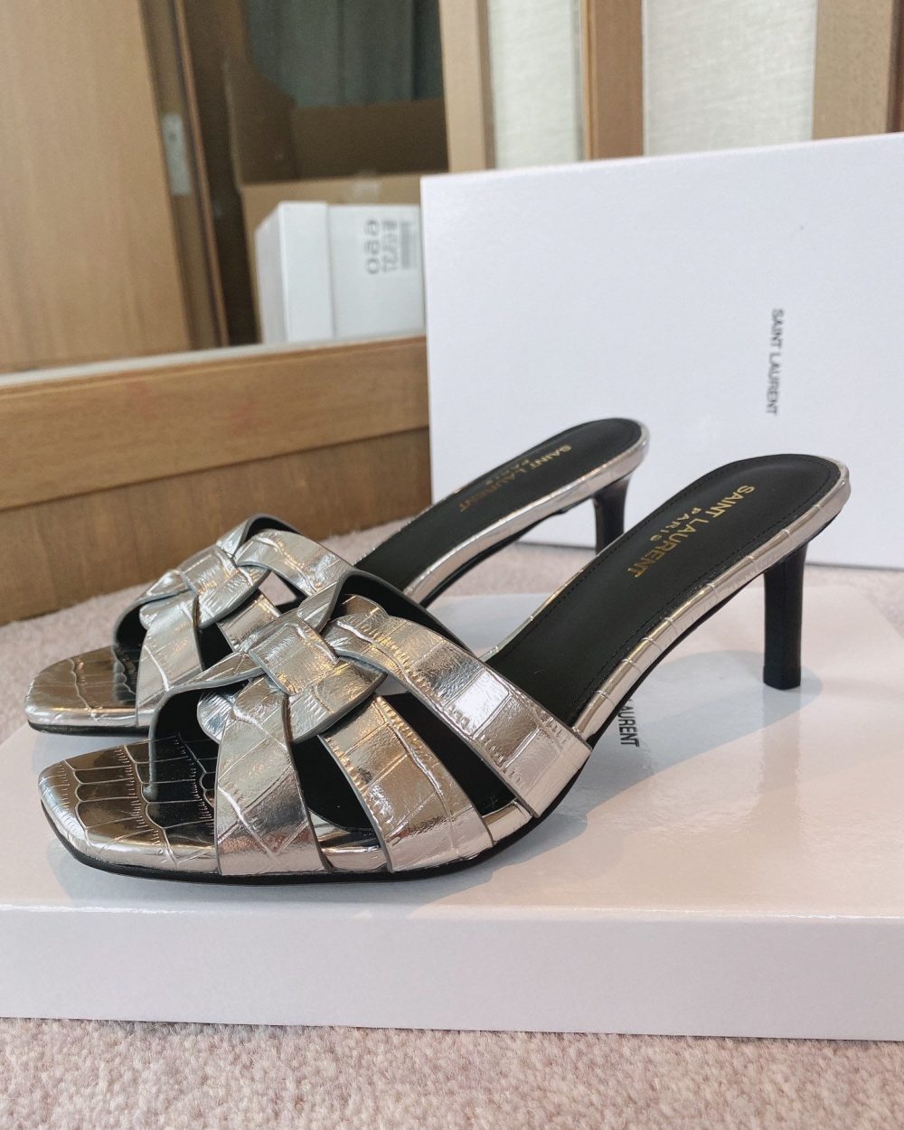 Saint Laurent Women's Tribute Heeled Mules Sliver For Women YSL