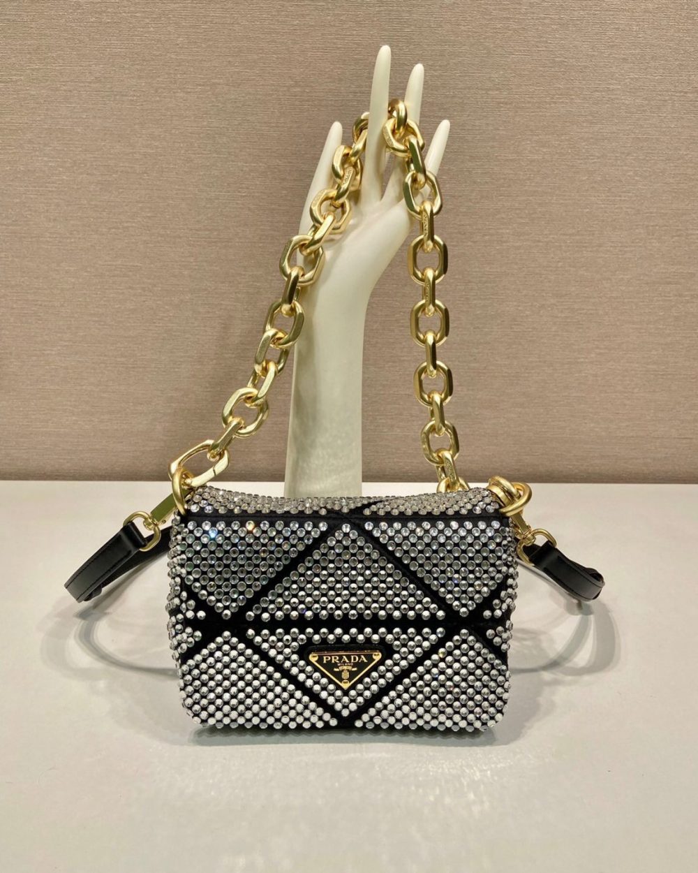 Satin Mini-Bag With Crystals Gold Tone/Black For Women 6.6in/ 17cm 1BD329_2AWL_F0522_V_QOO