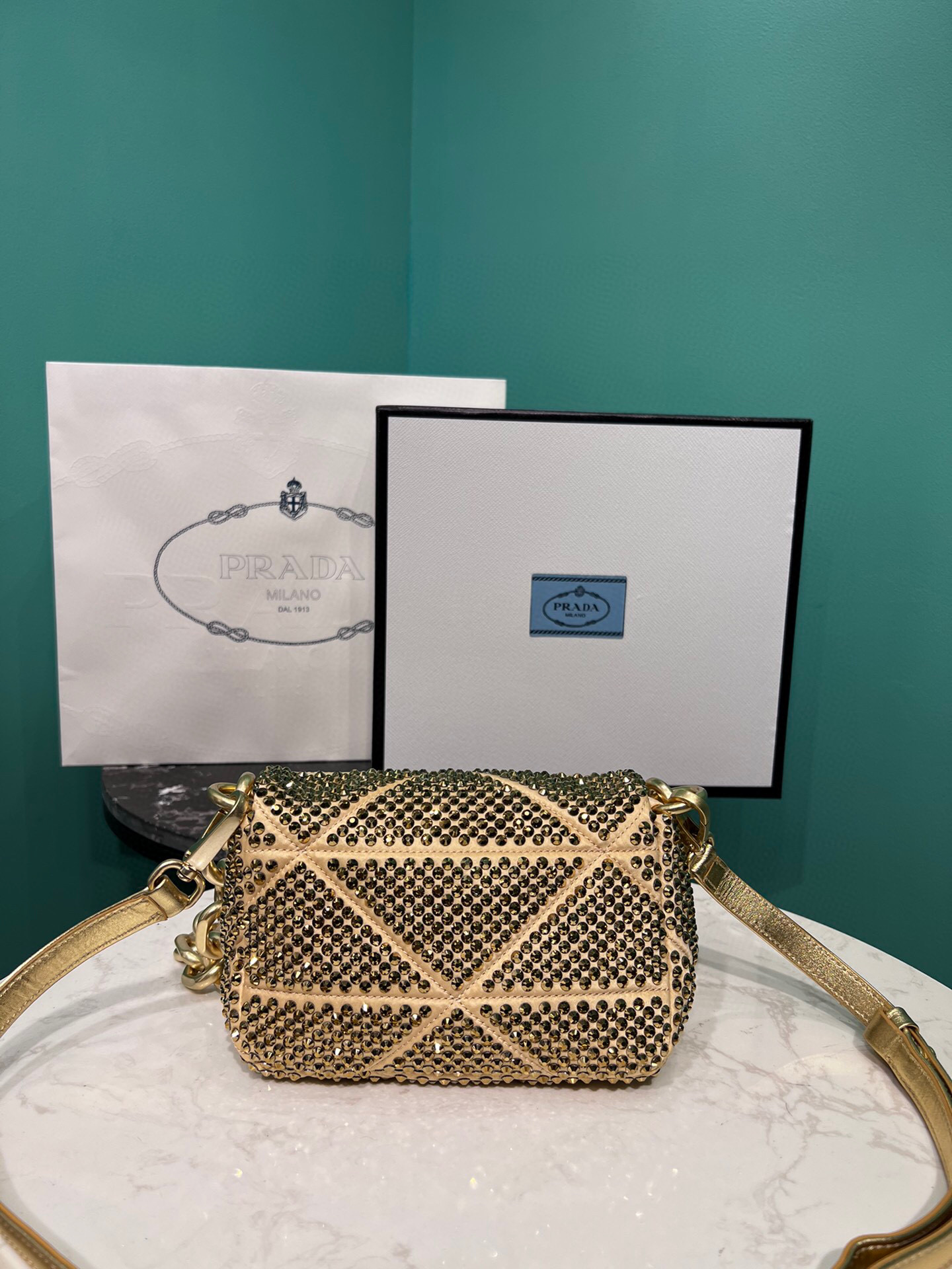 Satin Mini-Bag With Crystals Gold Tone/Black For Women 6.6in/ 17cm 1BD329_2AWL_F0522_V_QOO - Image 4