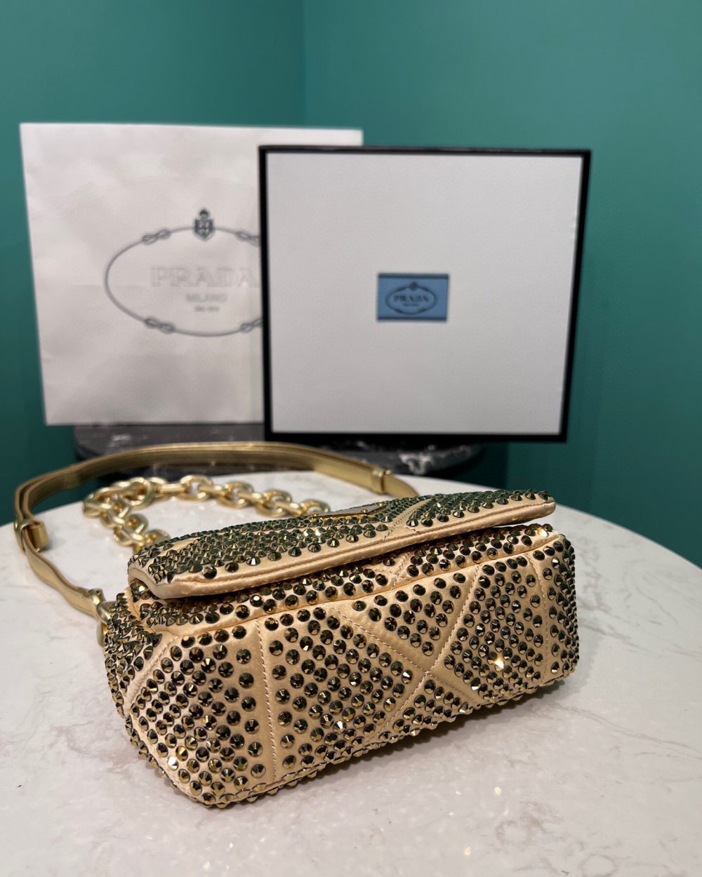 Satin Mini-Bag With Crystals Gold Tone/Black For Women 6.6in/ 17cm 1BD329_2AWL_F0522_V_QOO