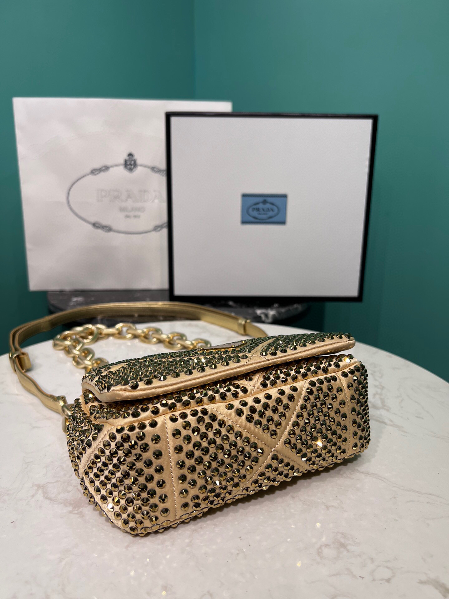 Satin Mini-Bag With Crystals Gold Tone/Black For Women 6.6in/ 17cm 1BD329_2AWL_F0522_V_QOO - Image 5