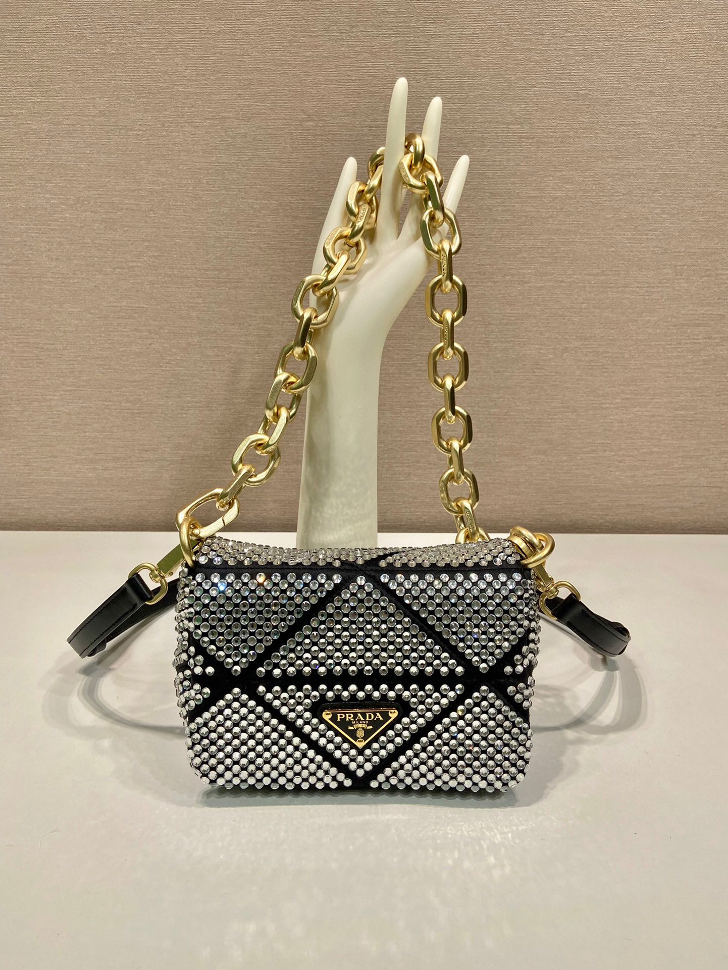 Satin Mini-Bag With Crystals Gold Tone/Black For Women 6.6in/ 17cm 1BD329_2AWL_F0522_V_QOO - Image 18