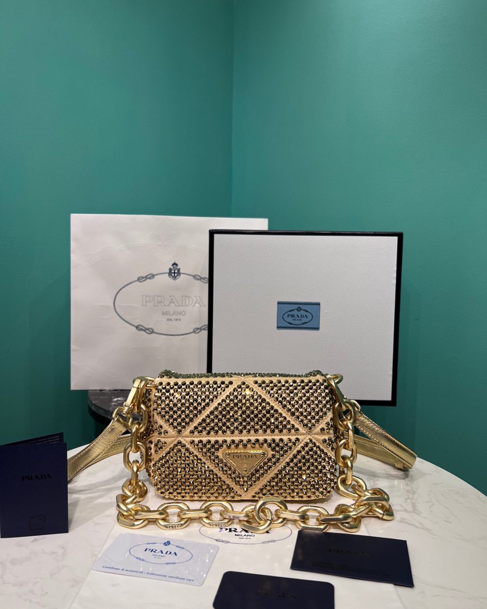 Satin Mini-Bag With Crystals Gold Tone/Black For Women 6.6in/ 17cm 1BD329_2AWL_F0522_V_QOO