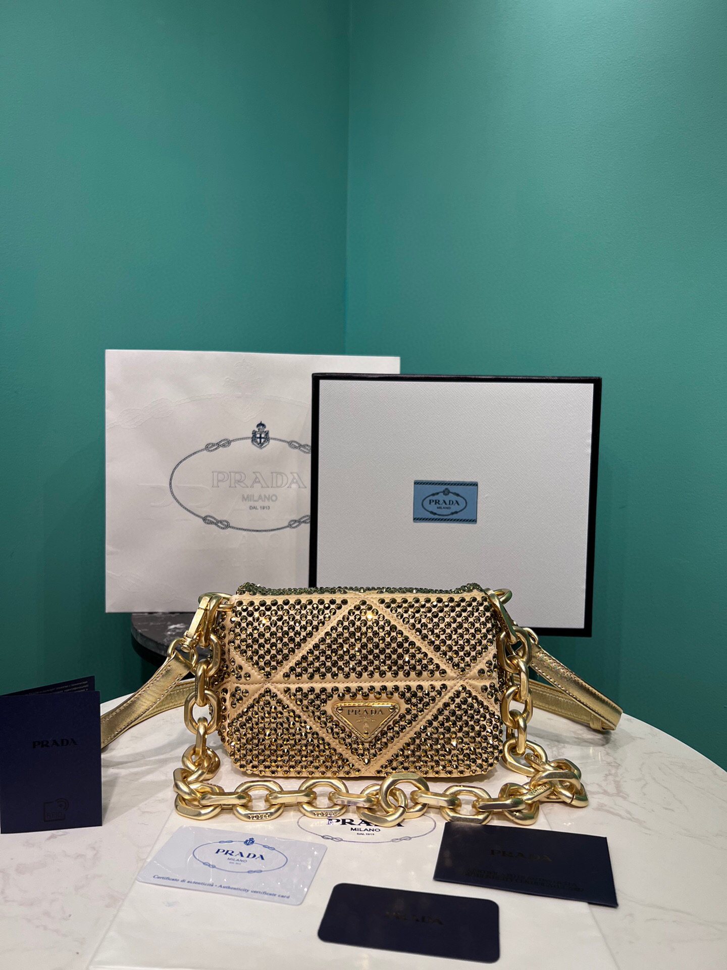 Satin Mini-Bag With Crystals Gold Tone/Black For Women 6.6in/ 17cm 1BD329_2AWL_F0522_V_QOO - Image 10